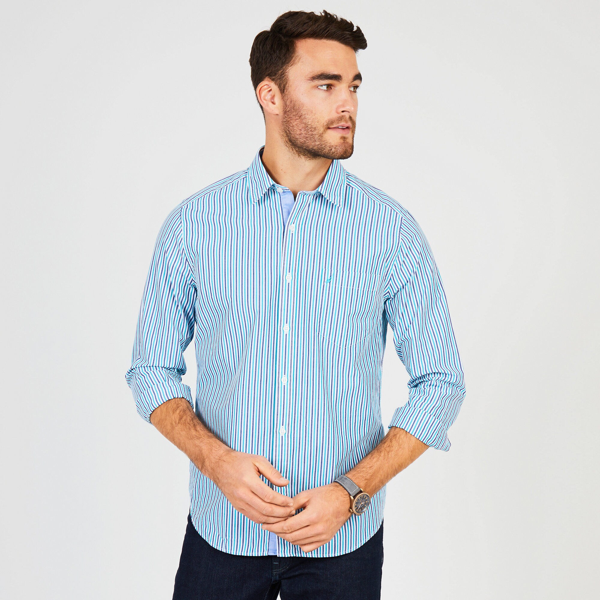 Long Sleeve Classic Fit Fine Stripe Button Down,Chrome Blue,large