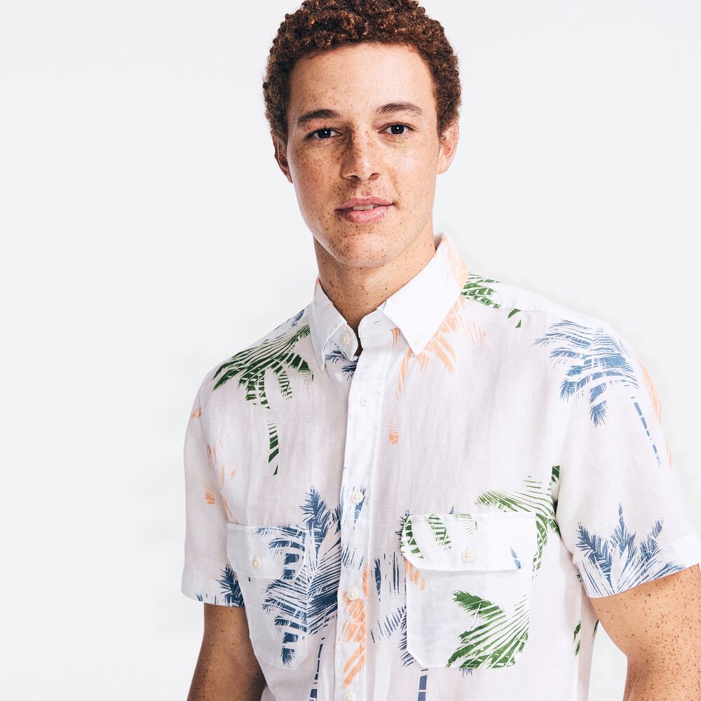 PALM TREE PRINT LINEN SHORT-SLEEVE SHIRT,Snow White,large