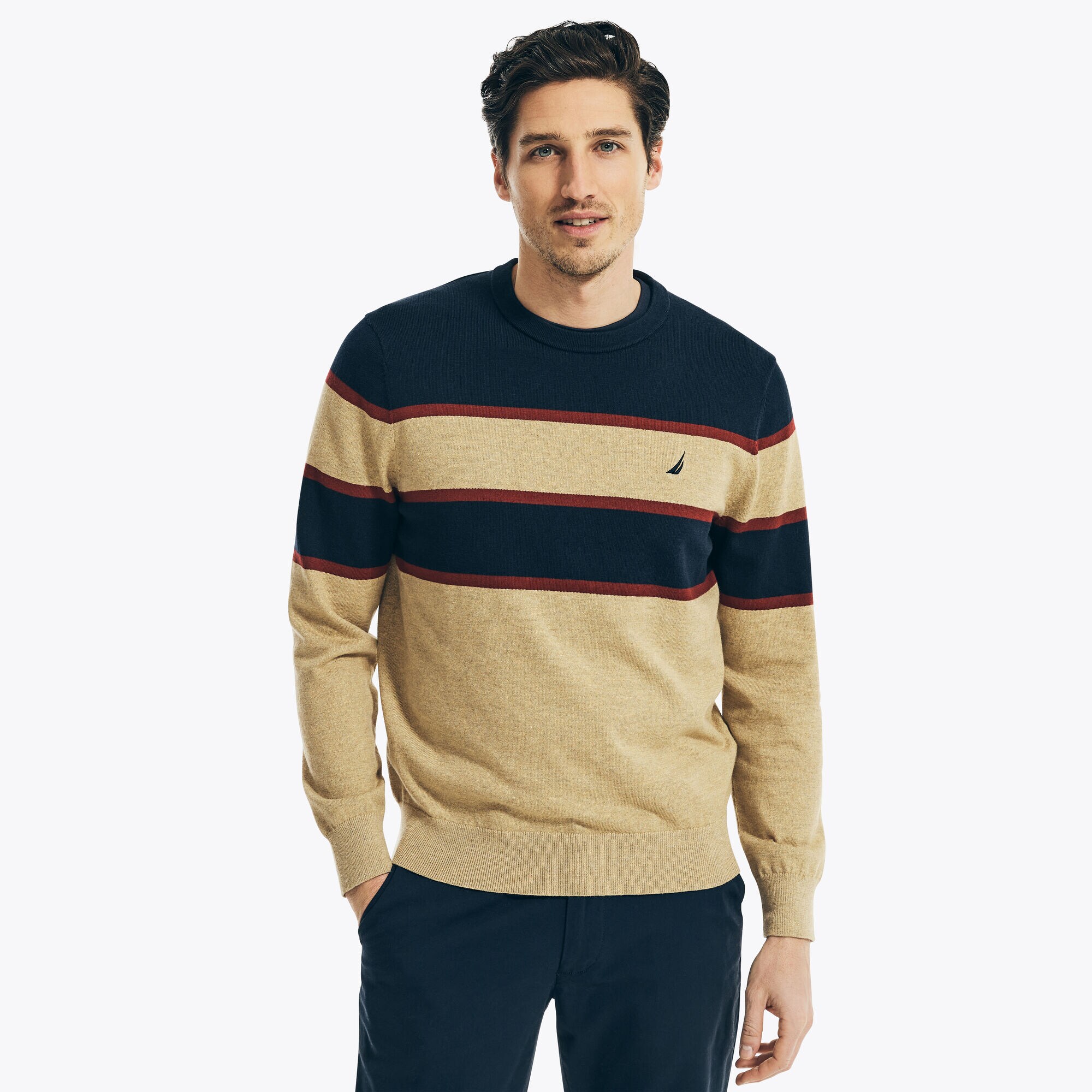 NAVTECH STRIPED CREWNECK SWEATER,Navy,large