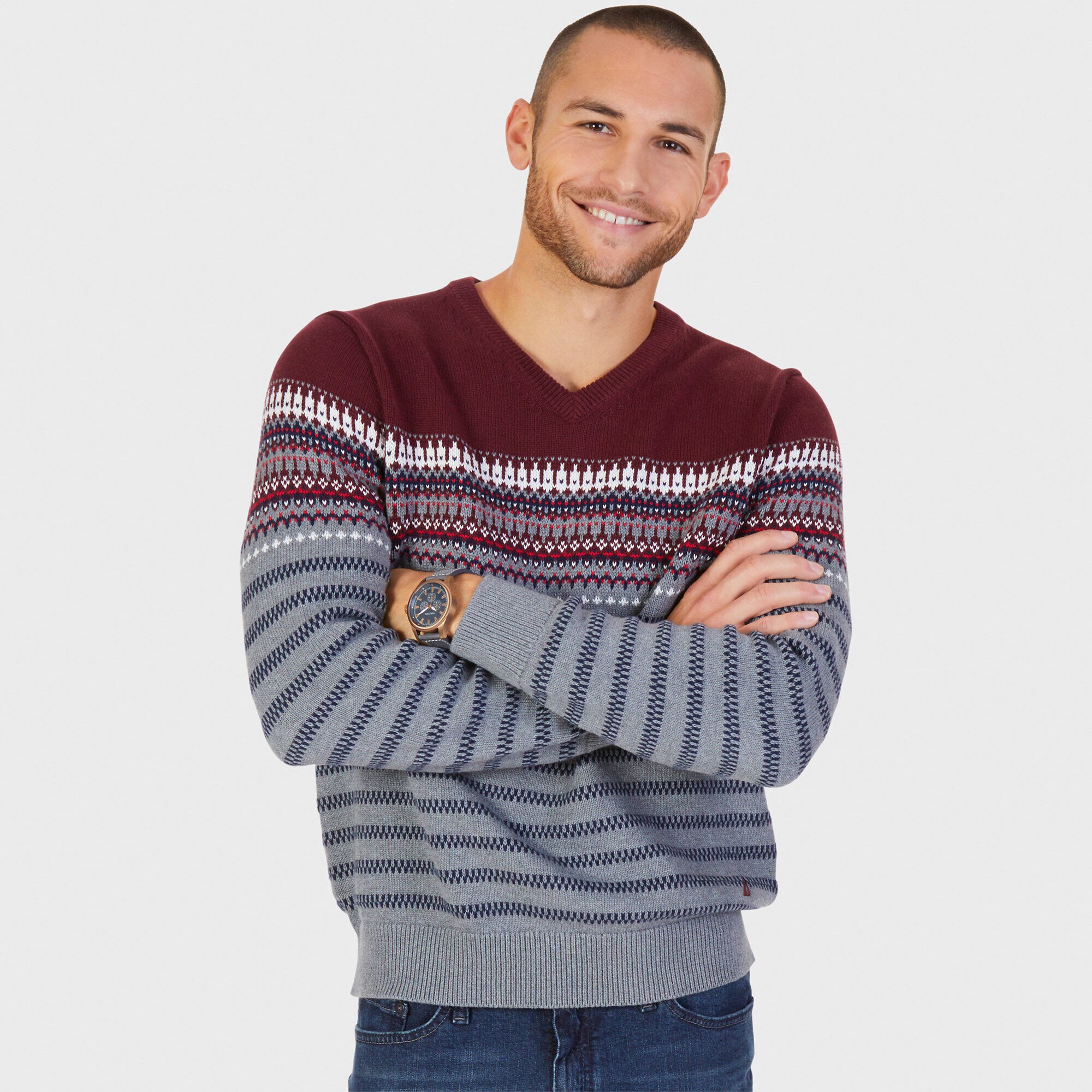 Colorblock Fair Isle V-Neck Sweater,Royal Burgundy,large