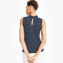 Striped Ruffle-Neck Sleeveless Top,J Navy,large