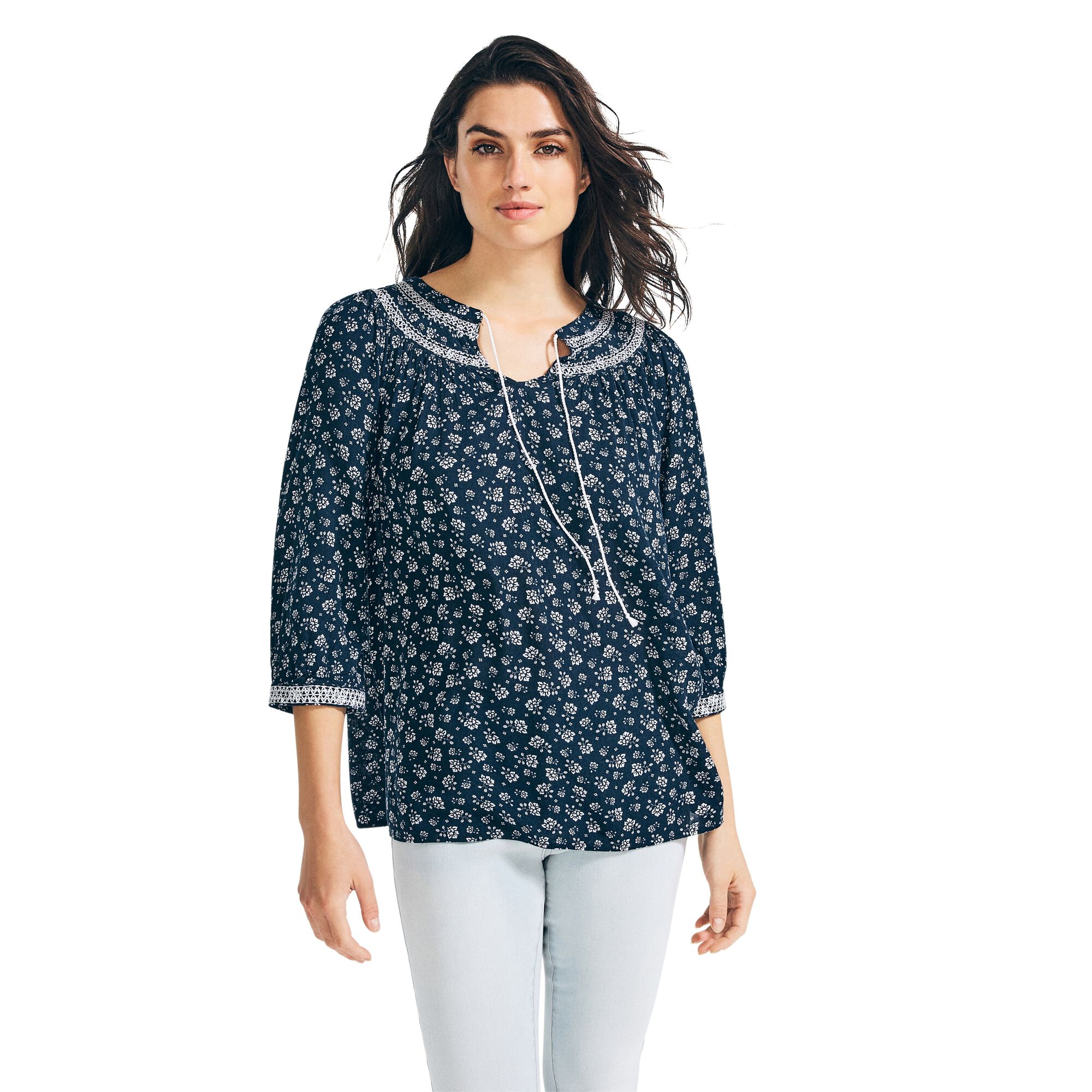 FLORAL EMBROIDERED THREE-QUARTER SLEEVE TOP,Stellar Blue Heather,large