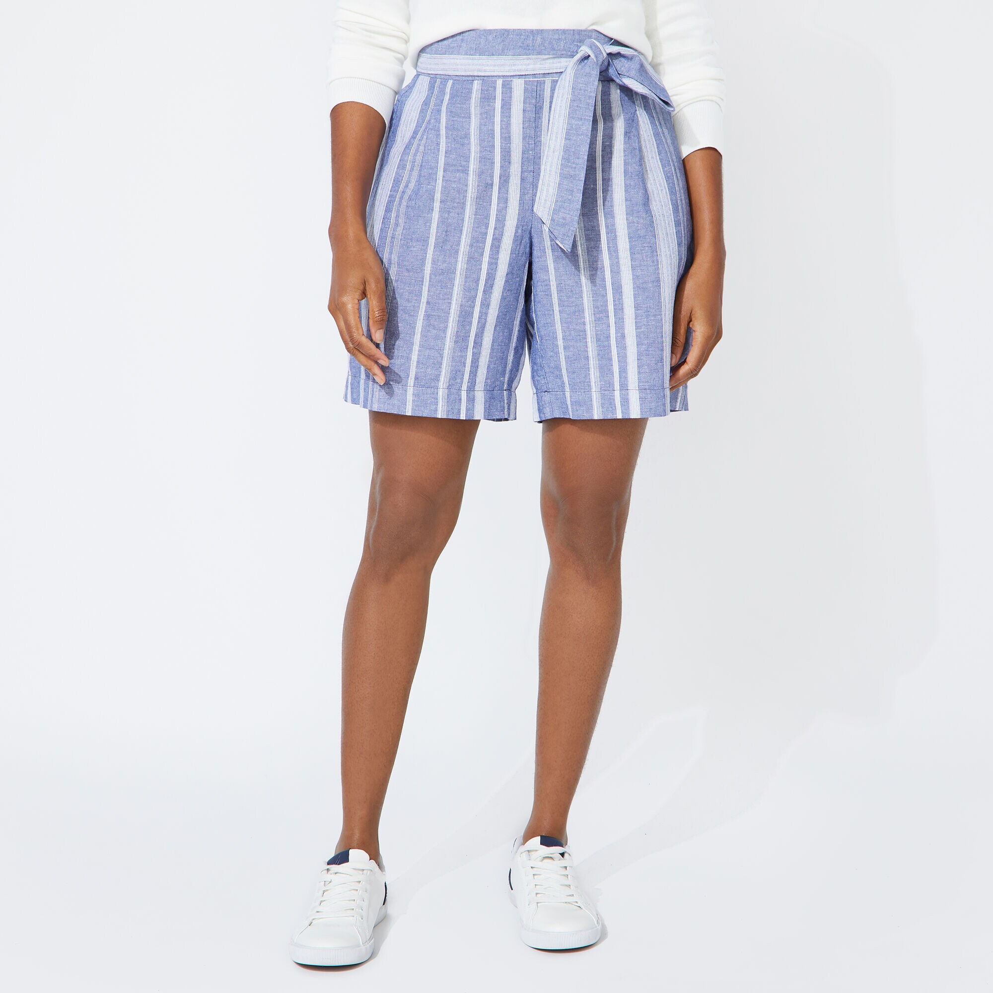 8" STRIPED LINEN BLEND HIGH WAIST SHORTS,Limoges,large