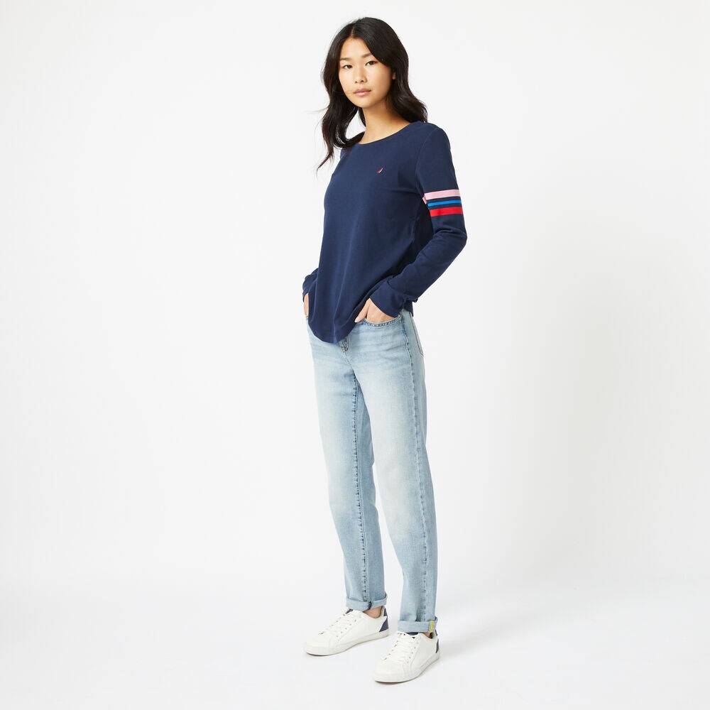 SUSTAINABLY CRAFTED STRIPE-SLEEVE TOP,Stellar Blue Heather,large