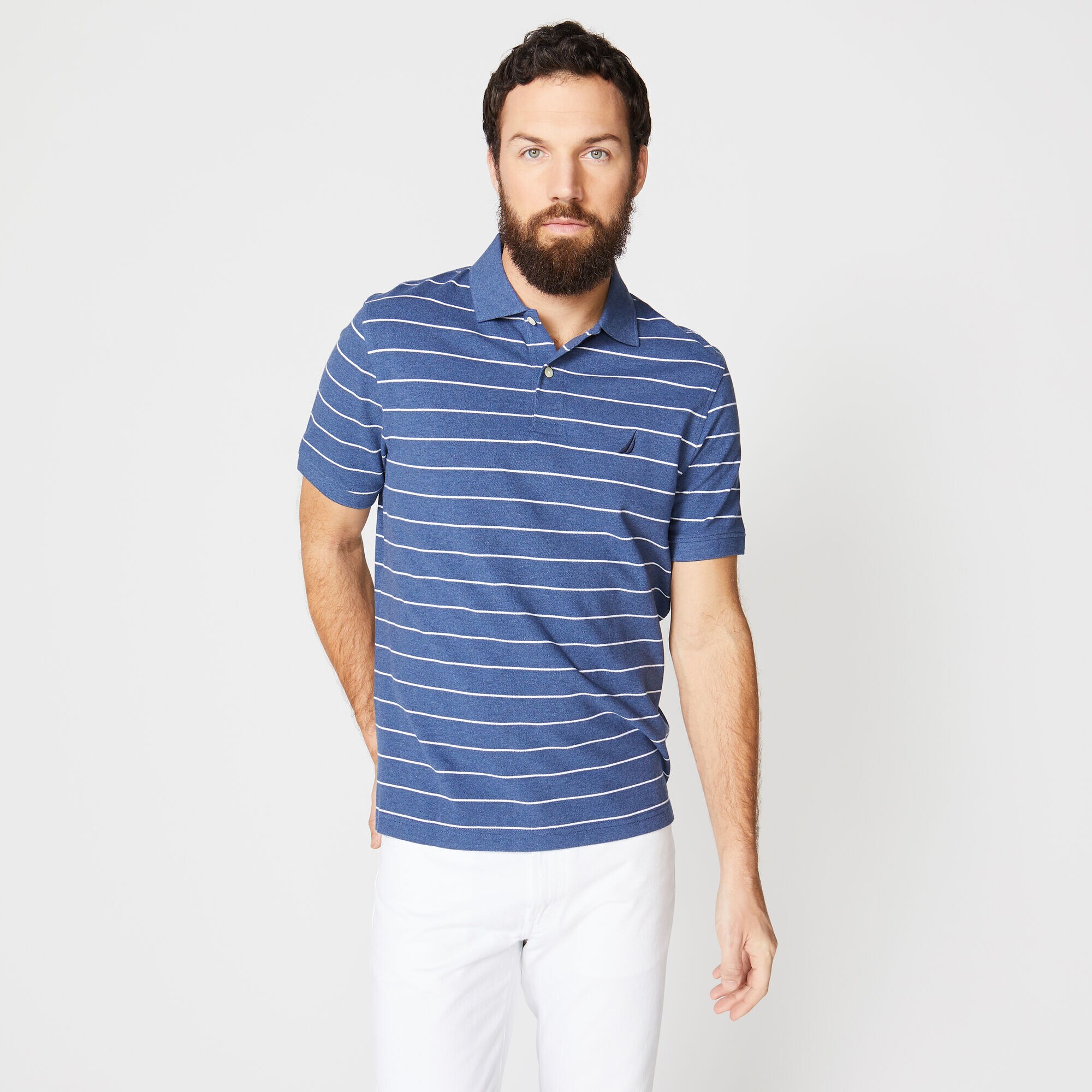 Classic Fit Mesh Polo in Breton Stripe,Stellar Blue Heather,large