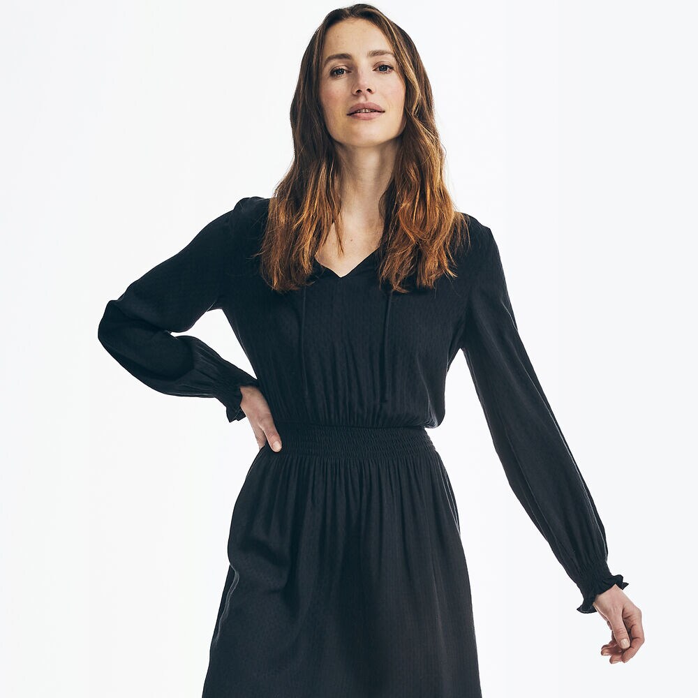 SMOCKED-WAIST DRESS,True Black,large