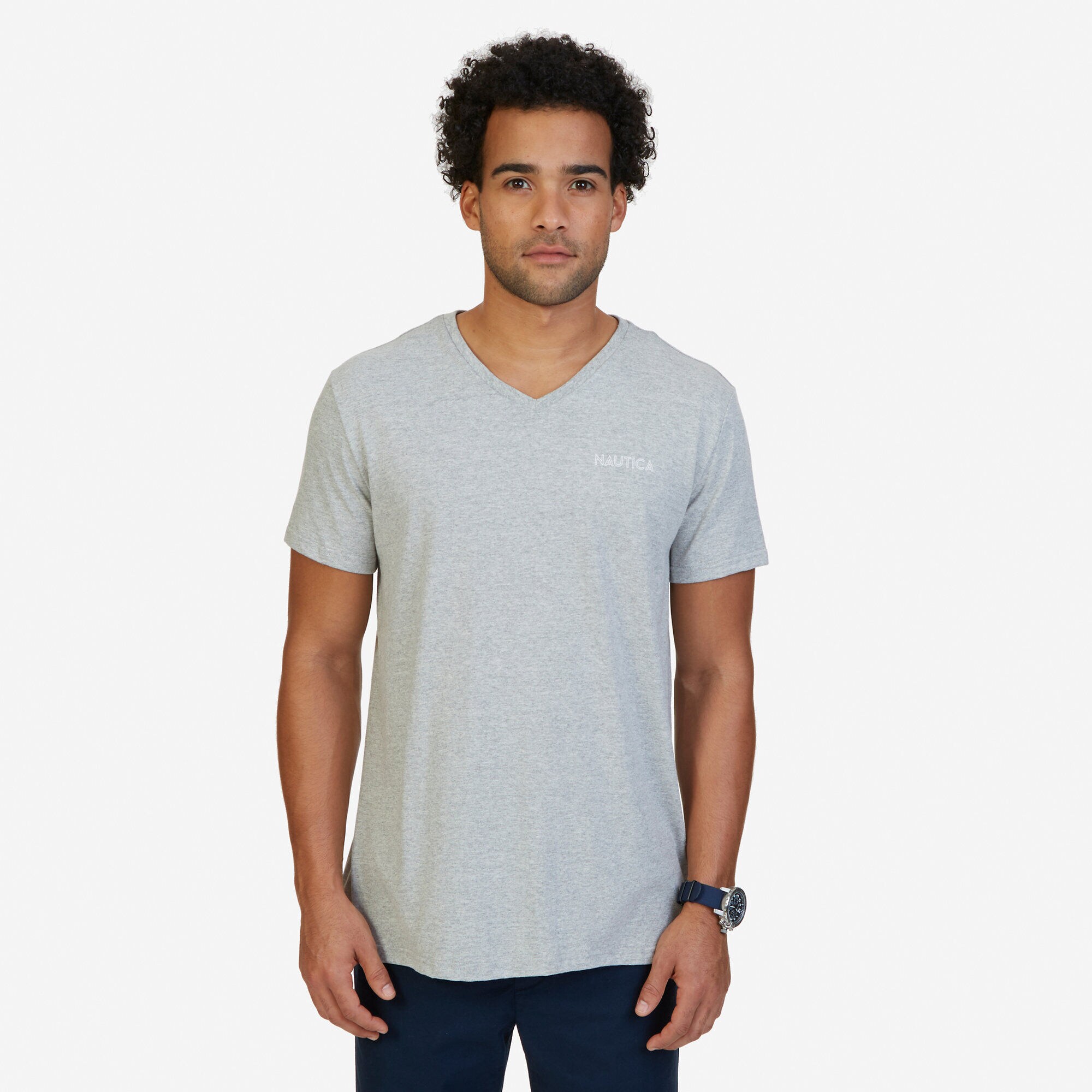 Big & Tall V-Neck Logo T-Shirt,Grey Heather,large