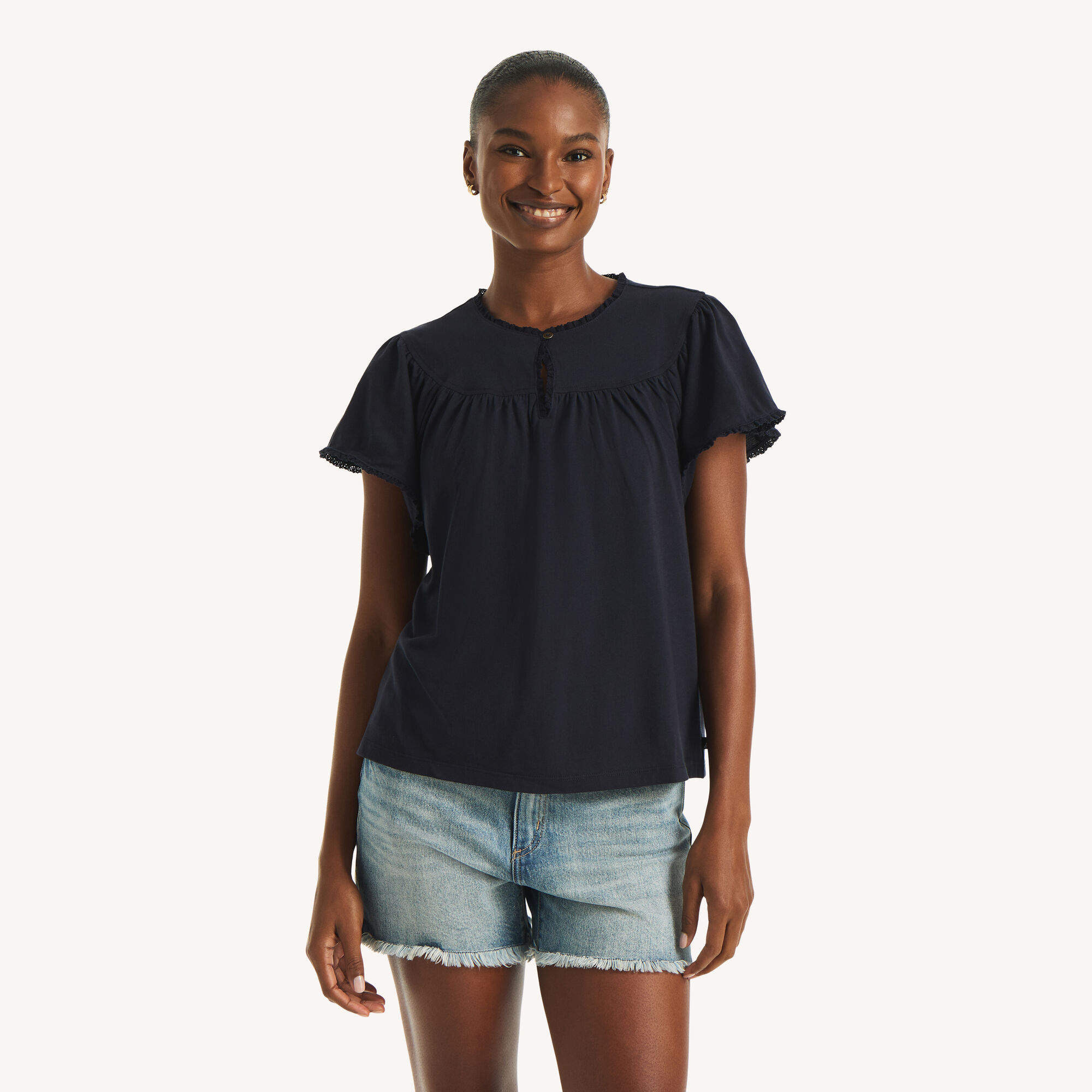 Flutter-Sleeve T-Shirt,Navy,large