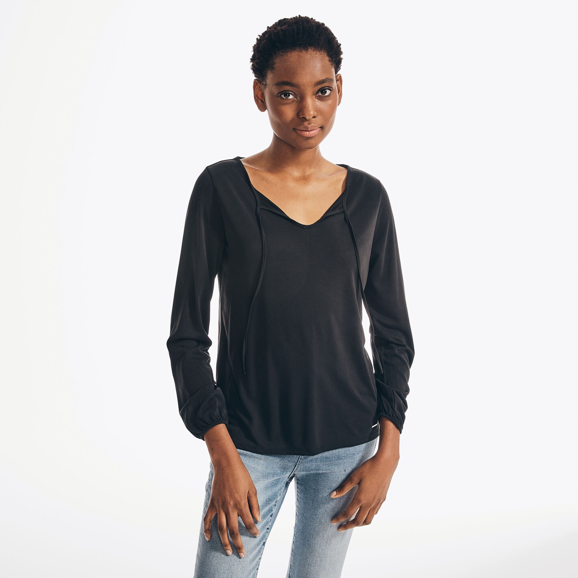 SUSTAINABLY CRAFTED TIE-NECK TOP,True Black,large