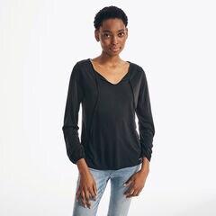 SUSTAINABLY CRAFTED TIE-NECK TOP,True Black,large