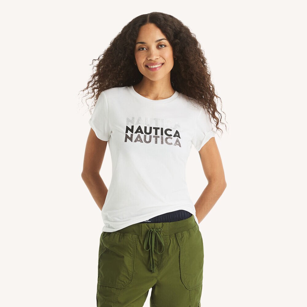 Modern Logo Rhinestone Graphic T-Shirt,Bright White,large