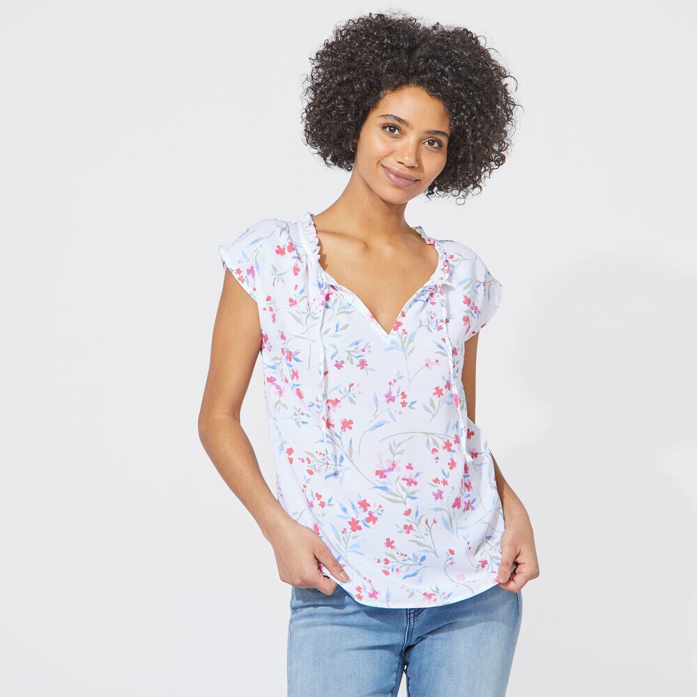 FLORAL SPLIT NECK TOP,Bright White,large