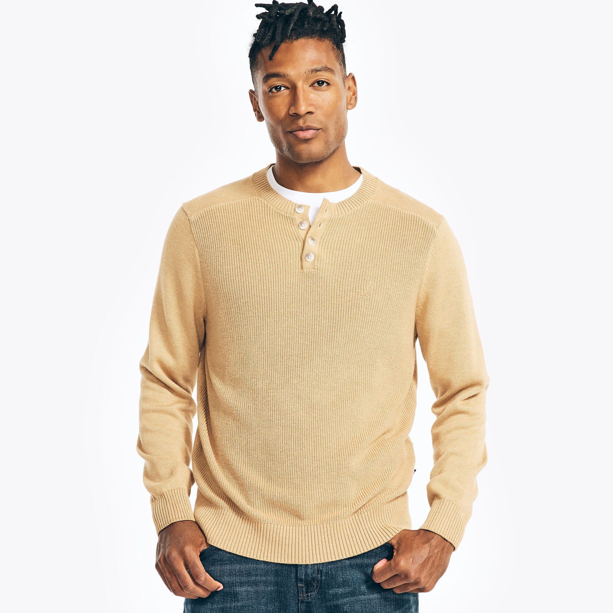 LONG-SLEEVE HENLEY SWEATER,Camel Heather,large