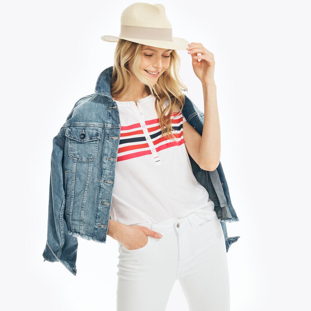 STRIPED SHORT-SLEEVE HENLEY,Bright White,large