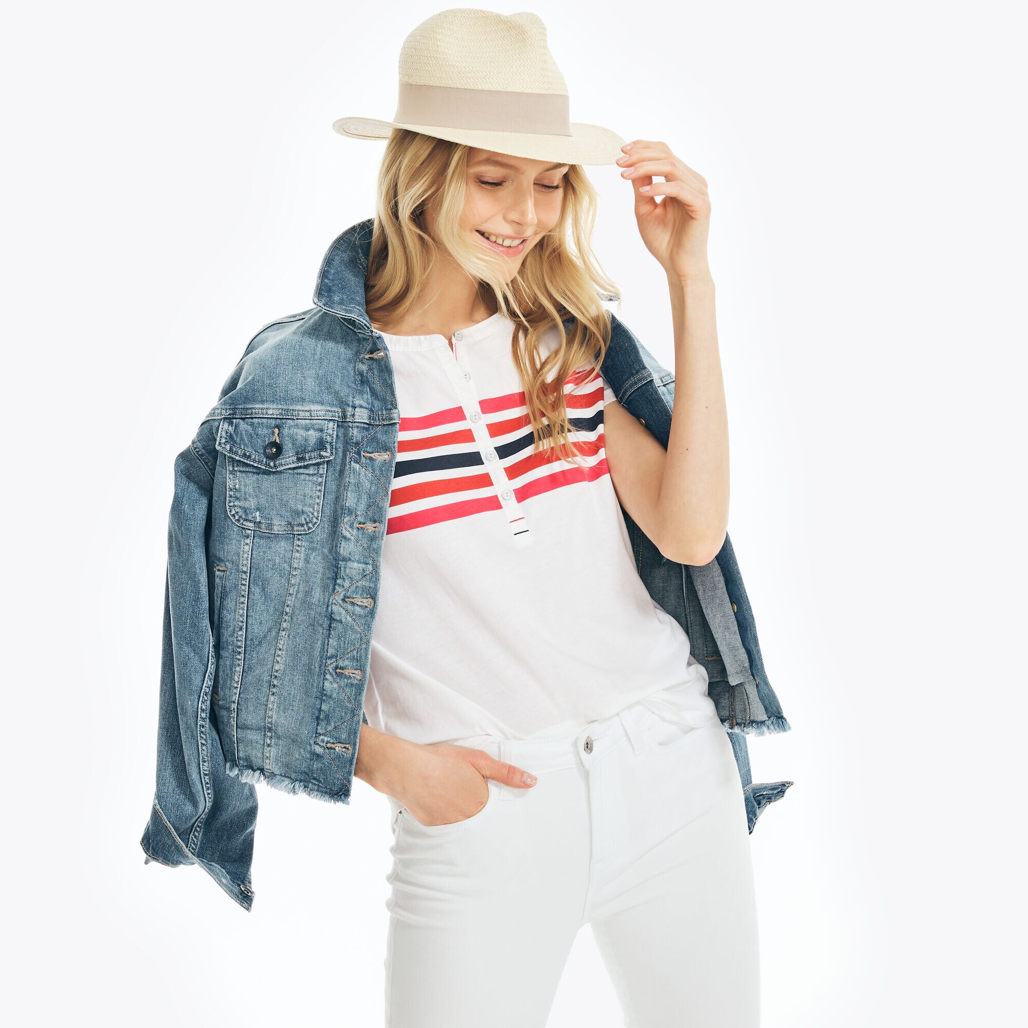 STRIPED SHORT-SLEEVE HENLEY,Bright White,large