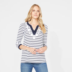 Embroidered Trim Stripe Knit Top,Bright White,large