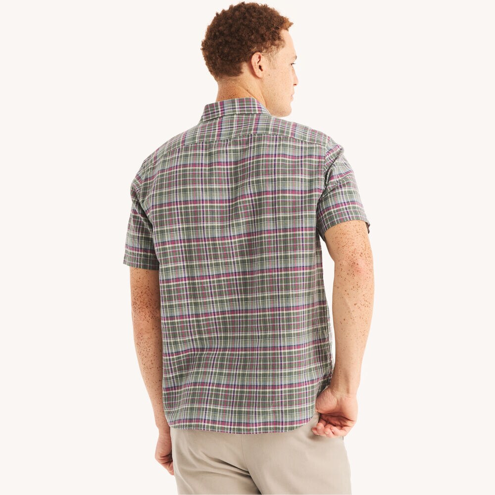 Plaid Linen Short-Sleeve Shirt,Olive,large