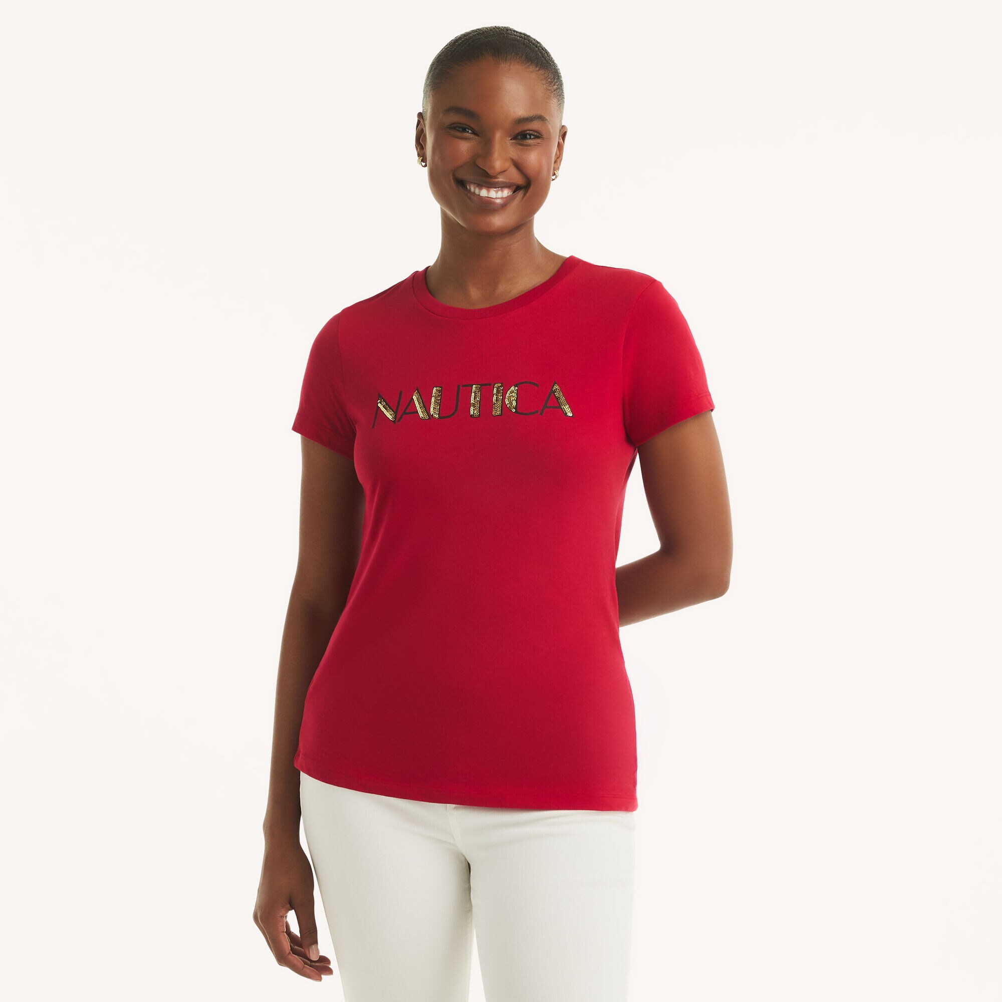Sequin Logo Graphic T-Shirt,Nautica Red,large