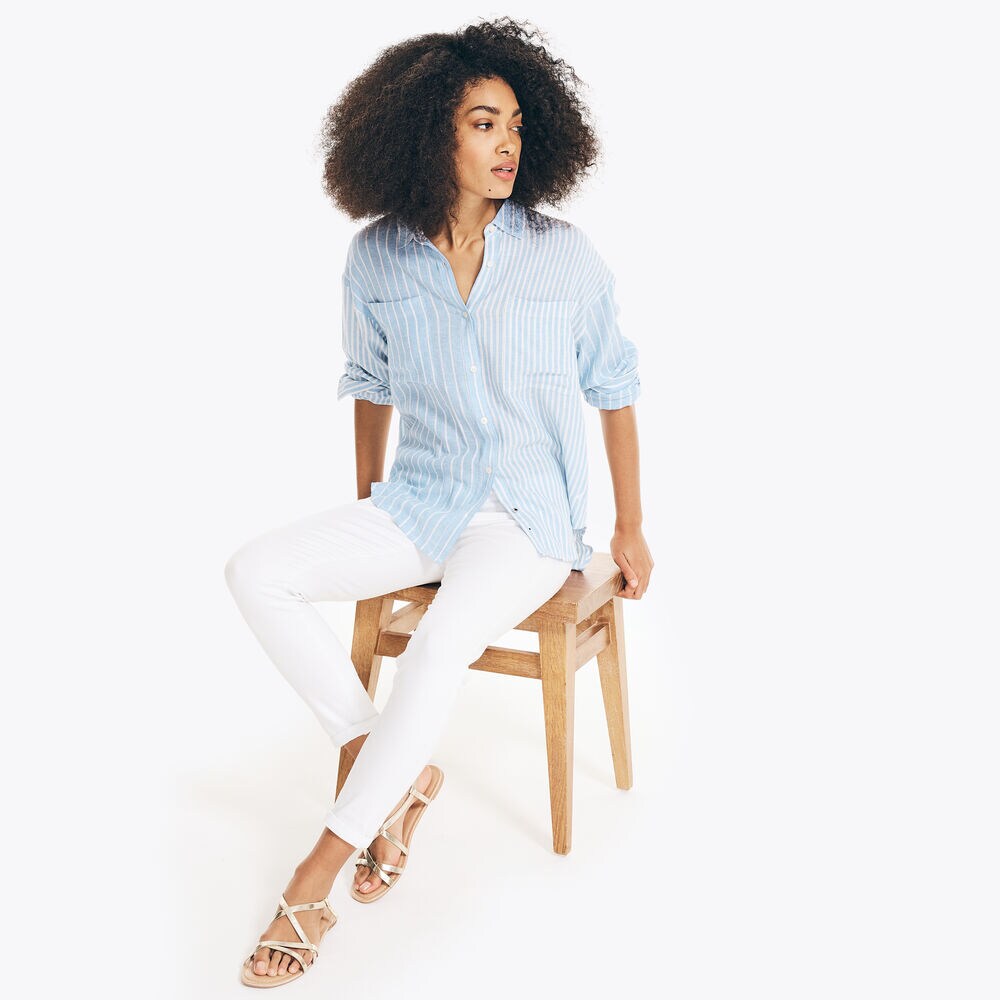STRIPED BUTTON-DOWN WEEKEND SHIRT,Medium Wash,large