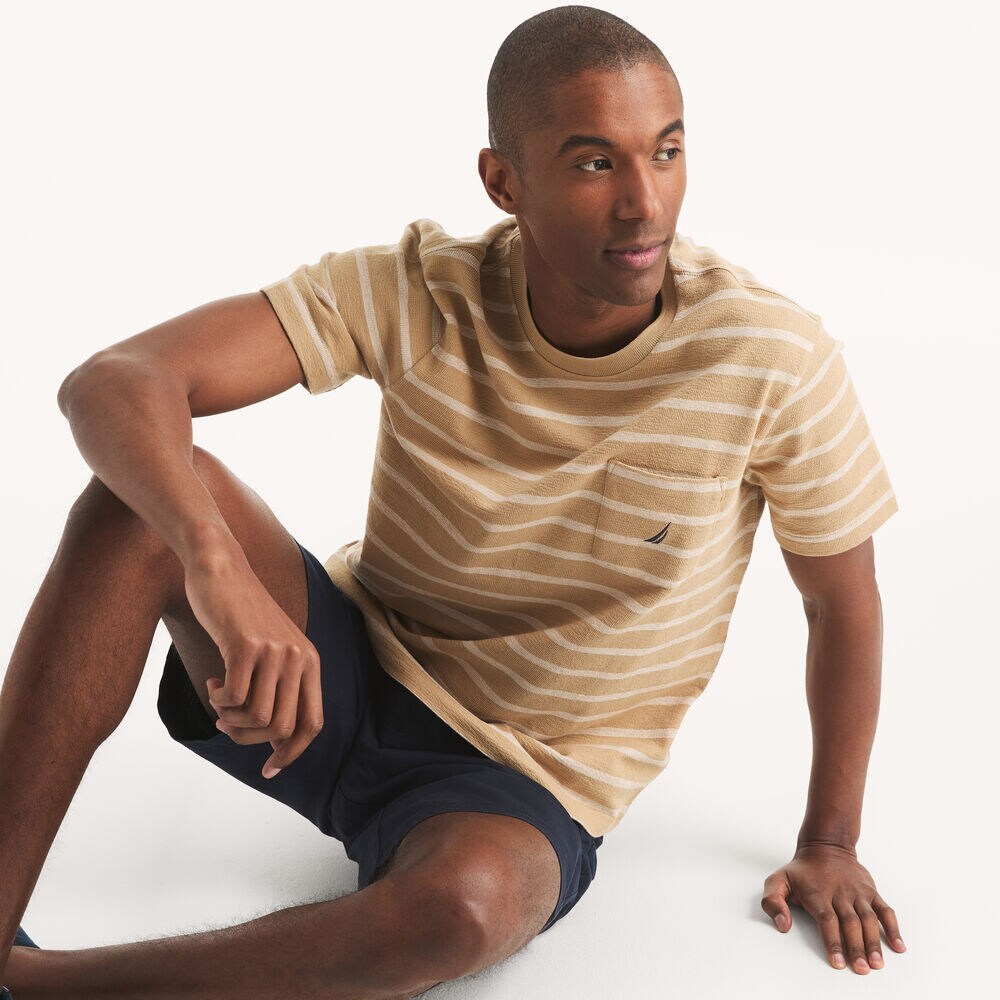 Striped Textured Crewneck T-Shirt,Tuscany Tan,large