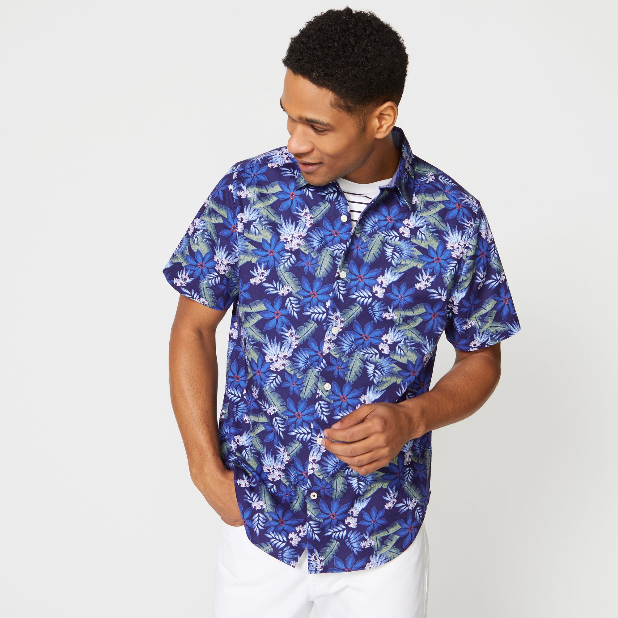 TROPICAL PRINT SHORT-SLEEVE SHIRT,J Navy,large