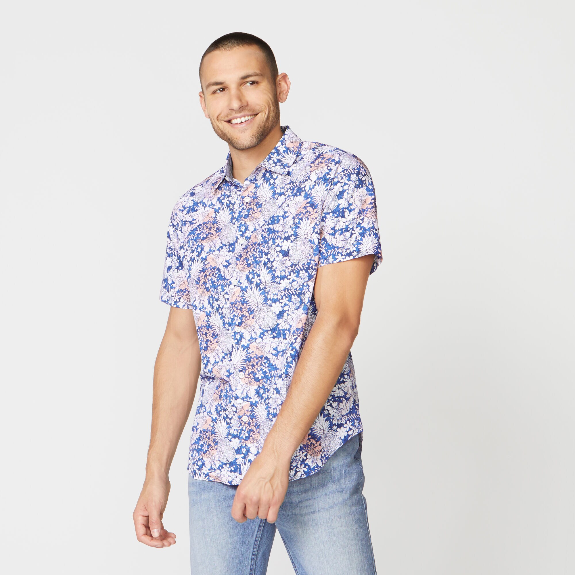 PINEAPPLE PRINT SHORT SLEEVE SHIRT,Estate Blue,large