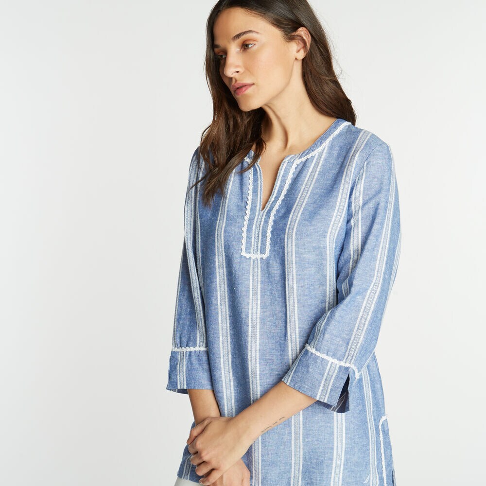 LINEN BLEND TUNIC,Deep Navy Heather,large