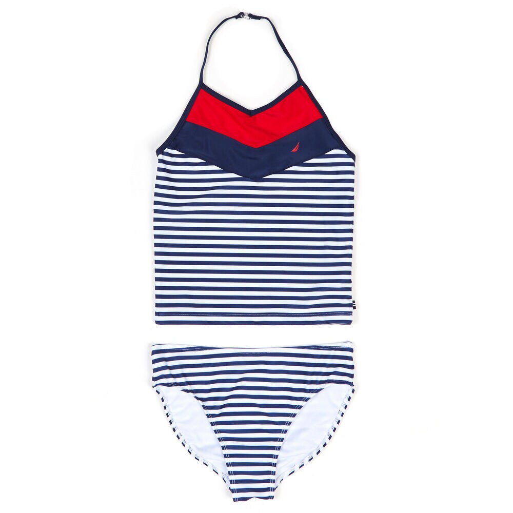 Girls' Chevron Colorblock + Striped Tankini (7-16),Navy,large