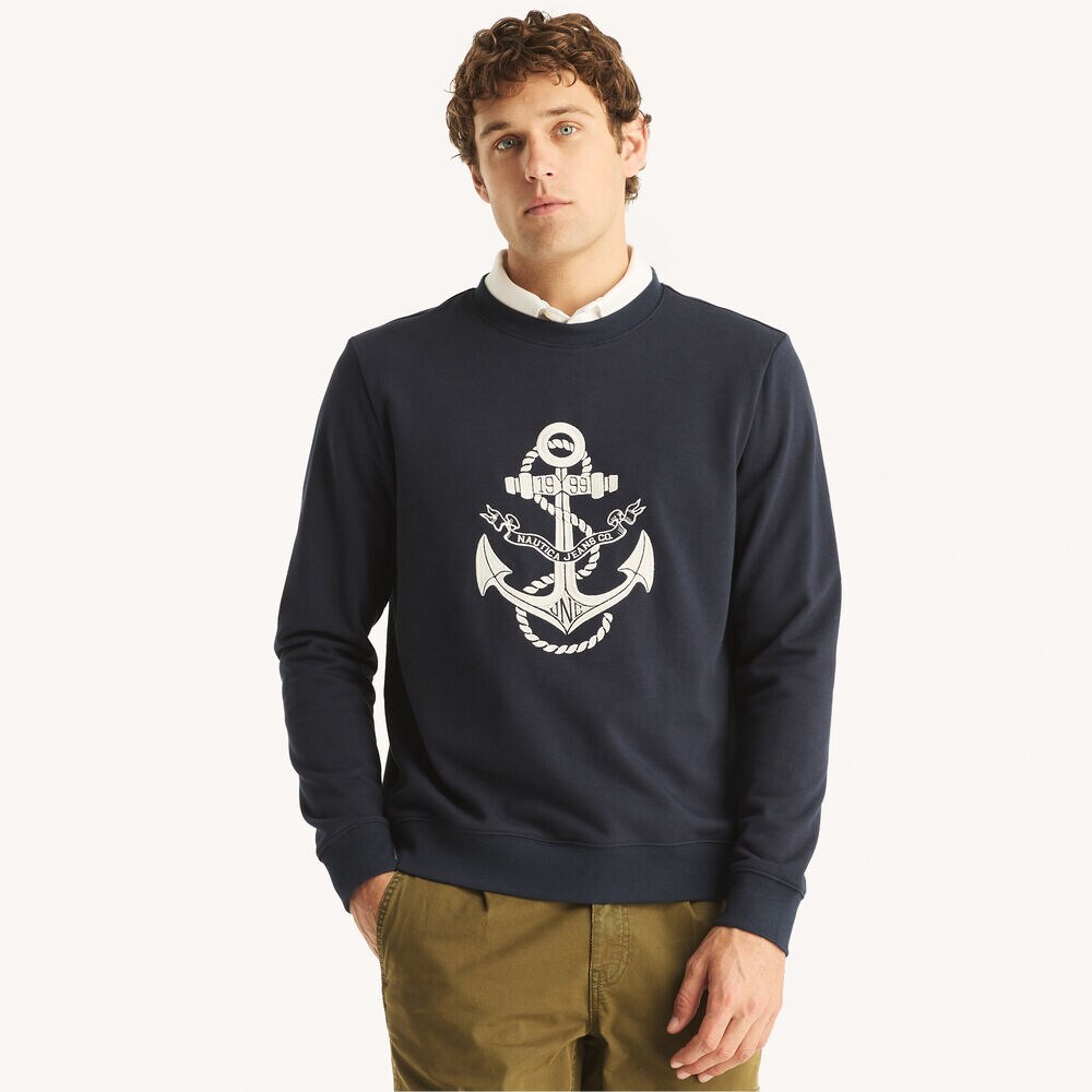 Nautica Jeans Co. Embroidered Crewneck Sweater,Stellar Blue Heather,large