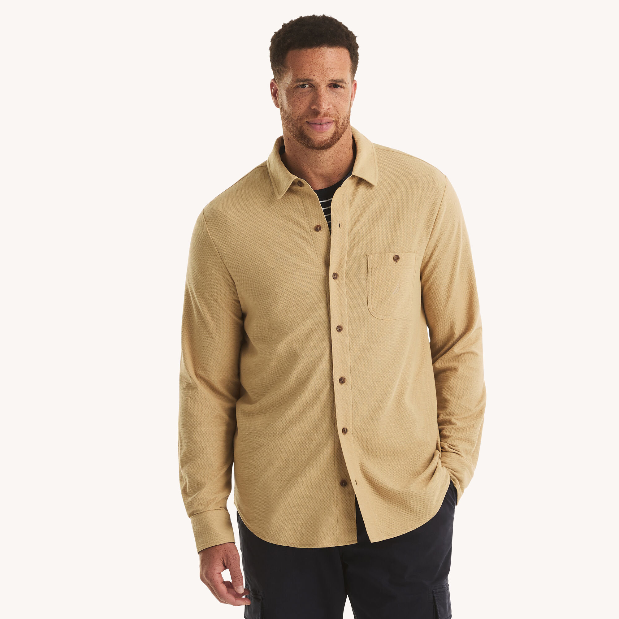 Big & Tall Long-Sleeve Button-Down Polo,Tuscany Tan,large