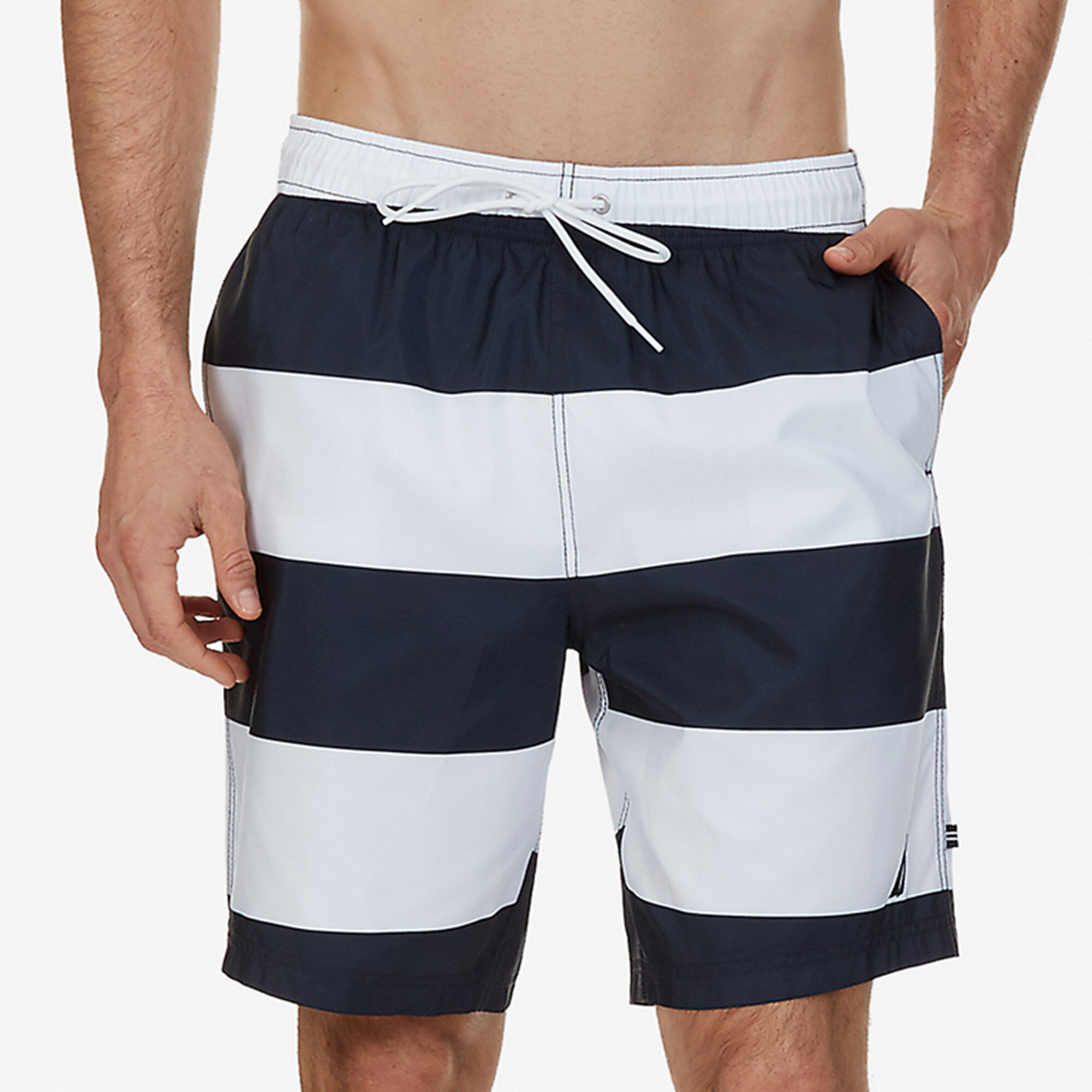 Quick-Dry Wide Stripe Drawstring Swim Shorts,Bright White,large