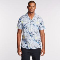 Linen Blend Camp Shirt in Tropical Print,Horizon Blue,large