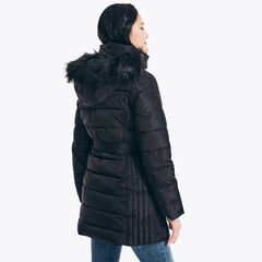 BELTED FAUX-FUR TRIMMED PUFFER,True Black,large
