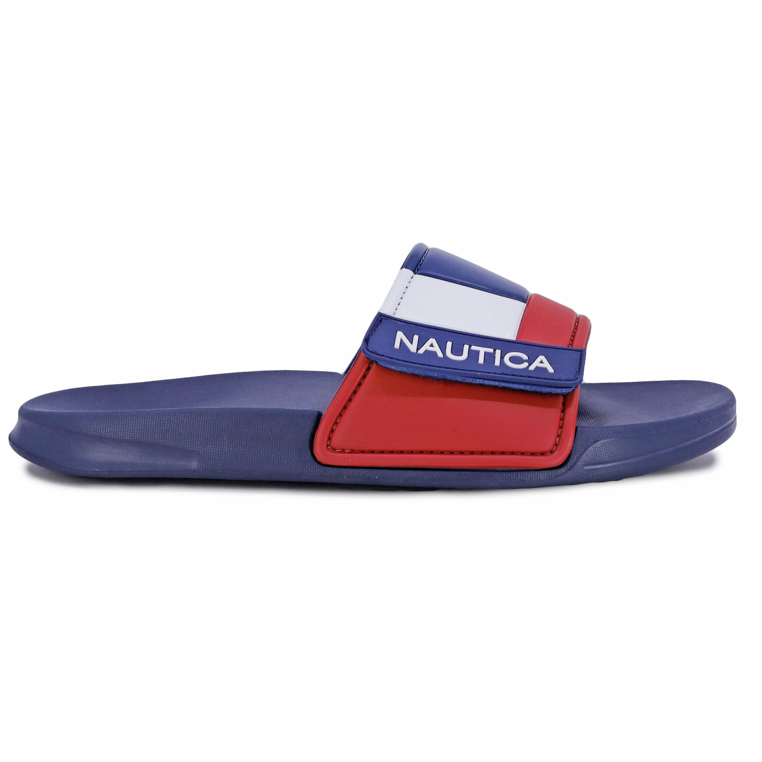 Nautica Bower Athletic Adjustable Slides Sandals, Mens Size 10, Navy White \u0026 Red