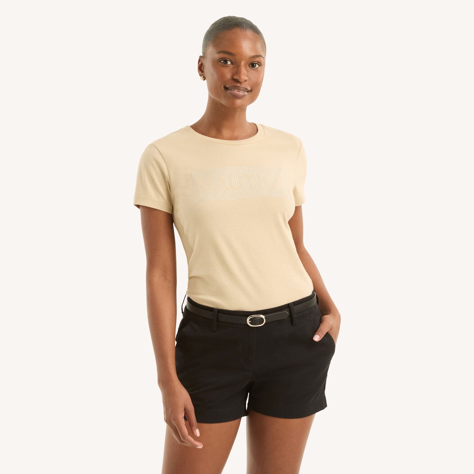 Rhinestone Logo Graphic T-Shirt,Camel,large