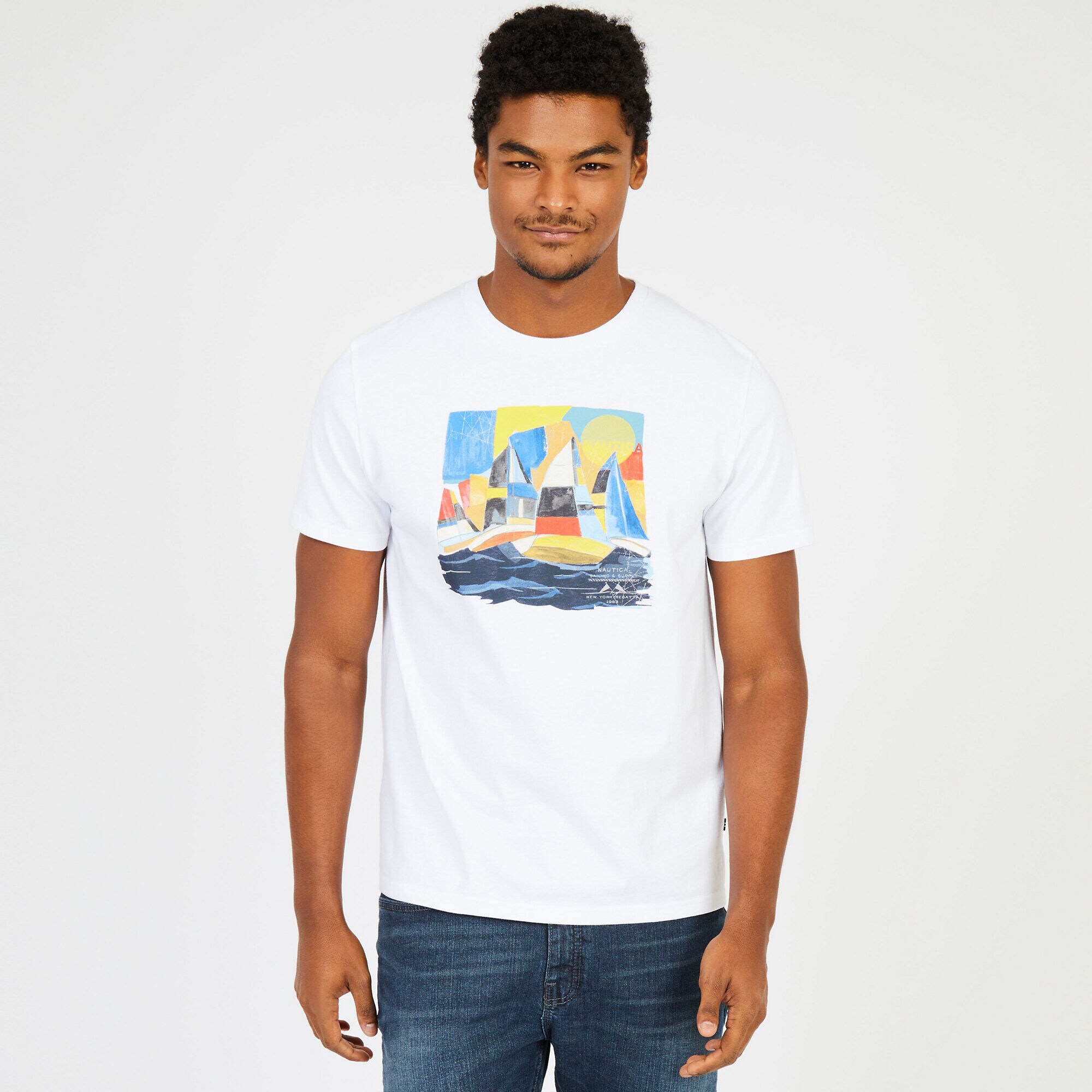 Big & Tall Painted Sailboats T-Shirt,Bright White,large