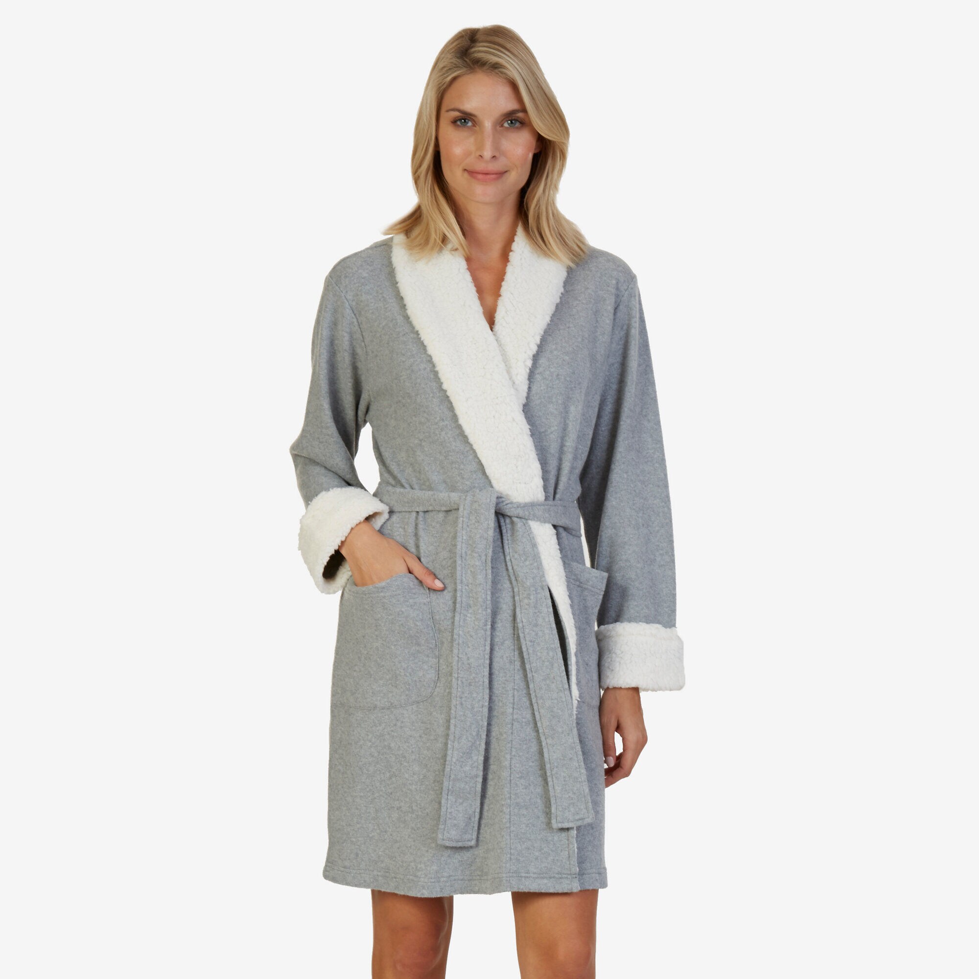 Sweater Knit Sherpa Collar Robe,Off Black,large