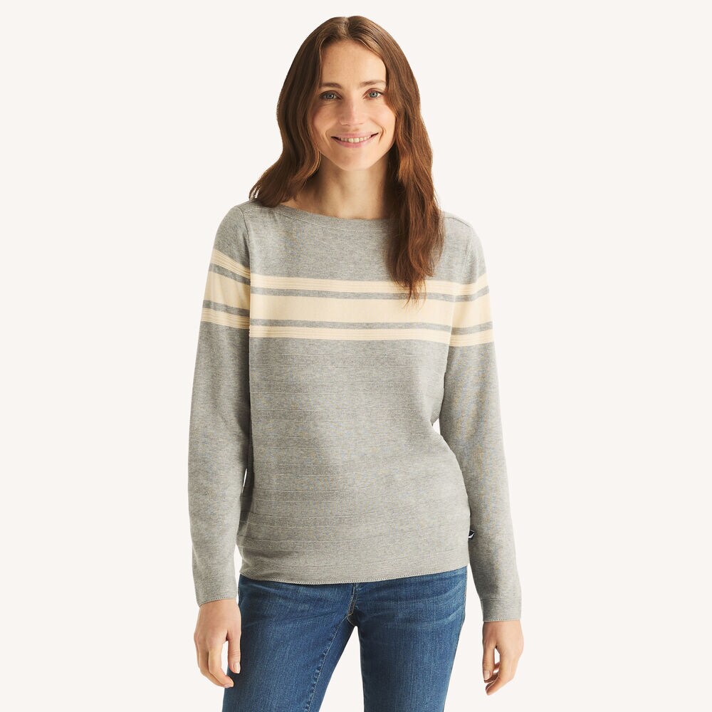 Textured Striped Boat-Neck Sweater,Grey Heather,large