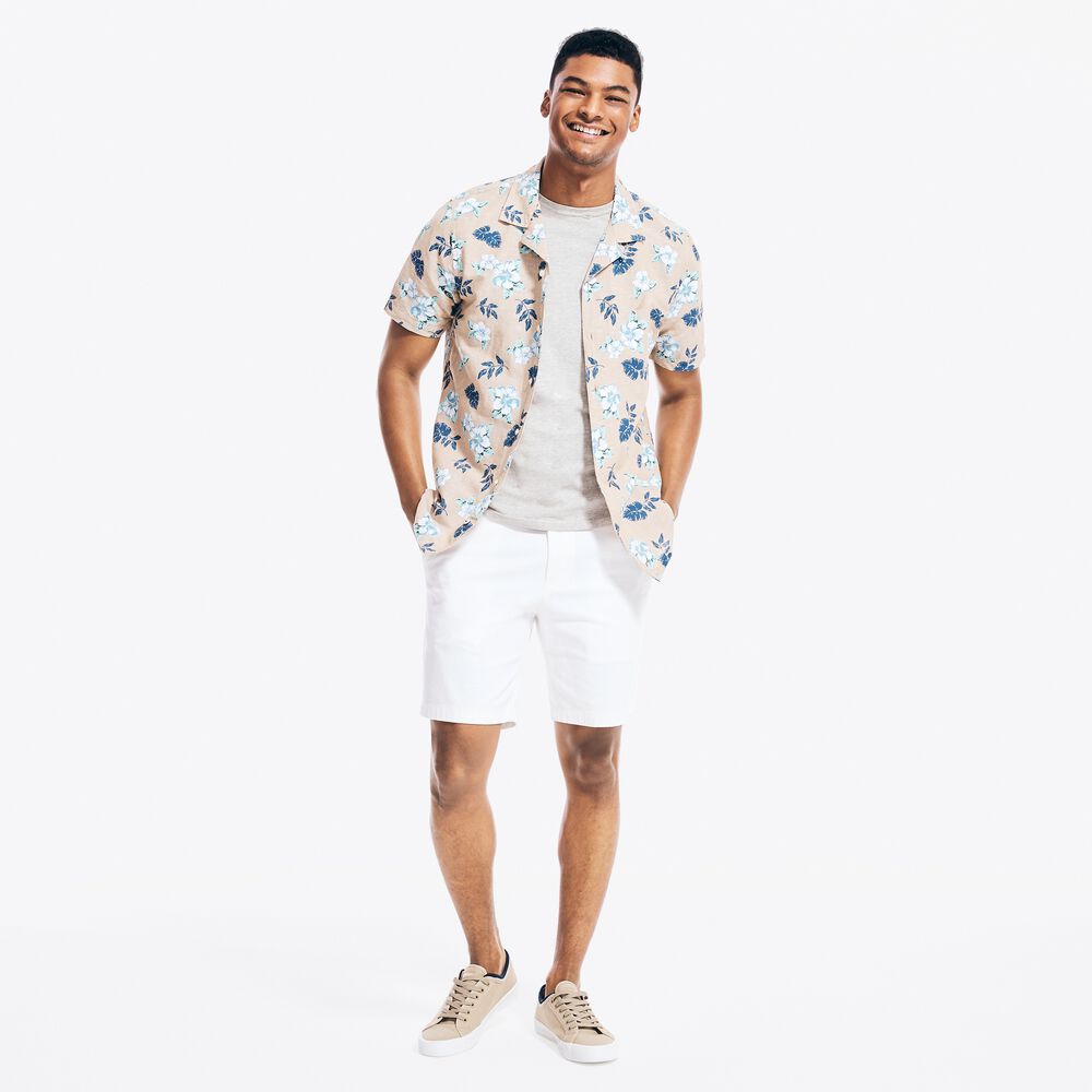 FLORAL PRINT LINEN SHORT-SLEEVE SHIRT,Tuscany Tan,large