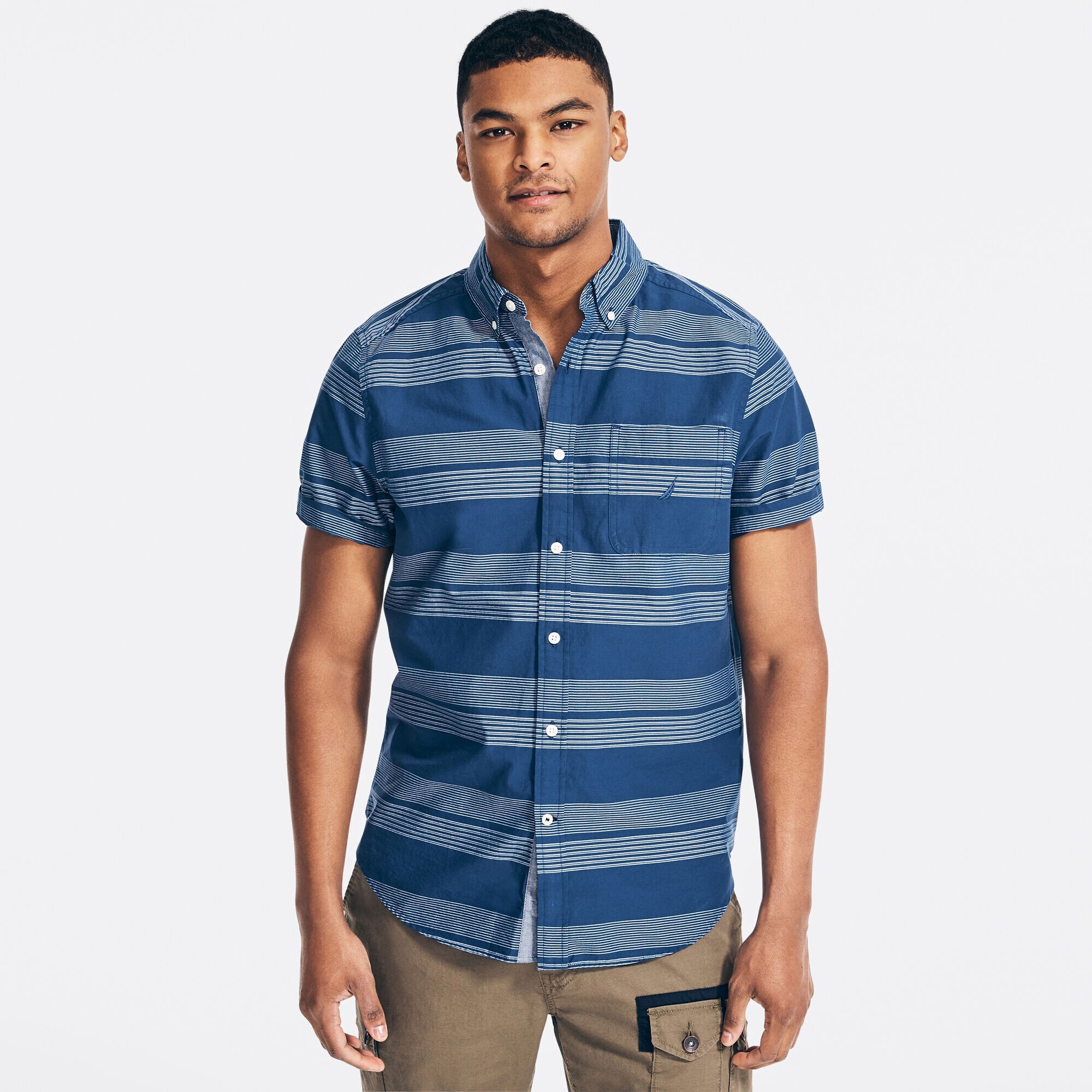 Classic Fit Striped Poplin Button Down,Estate Blue,large