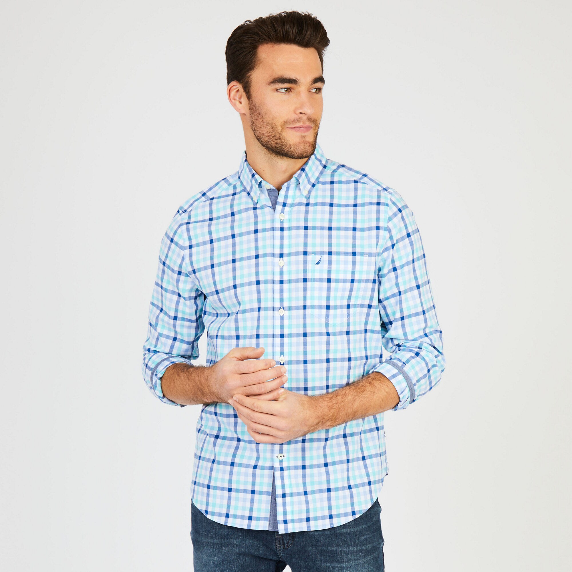 Big & Tall Check Classic Fit Long Sleeve Shirt,Bali Bliss,large