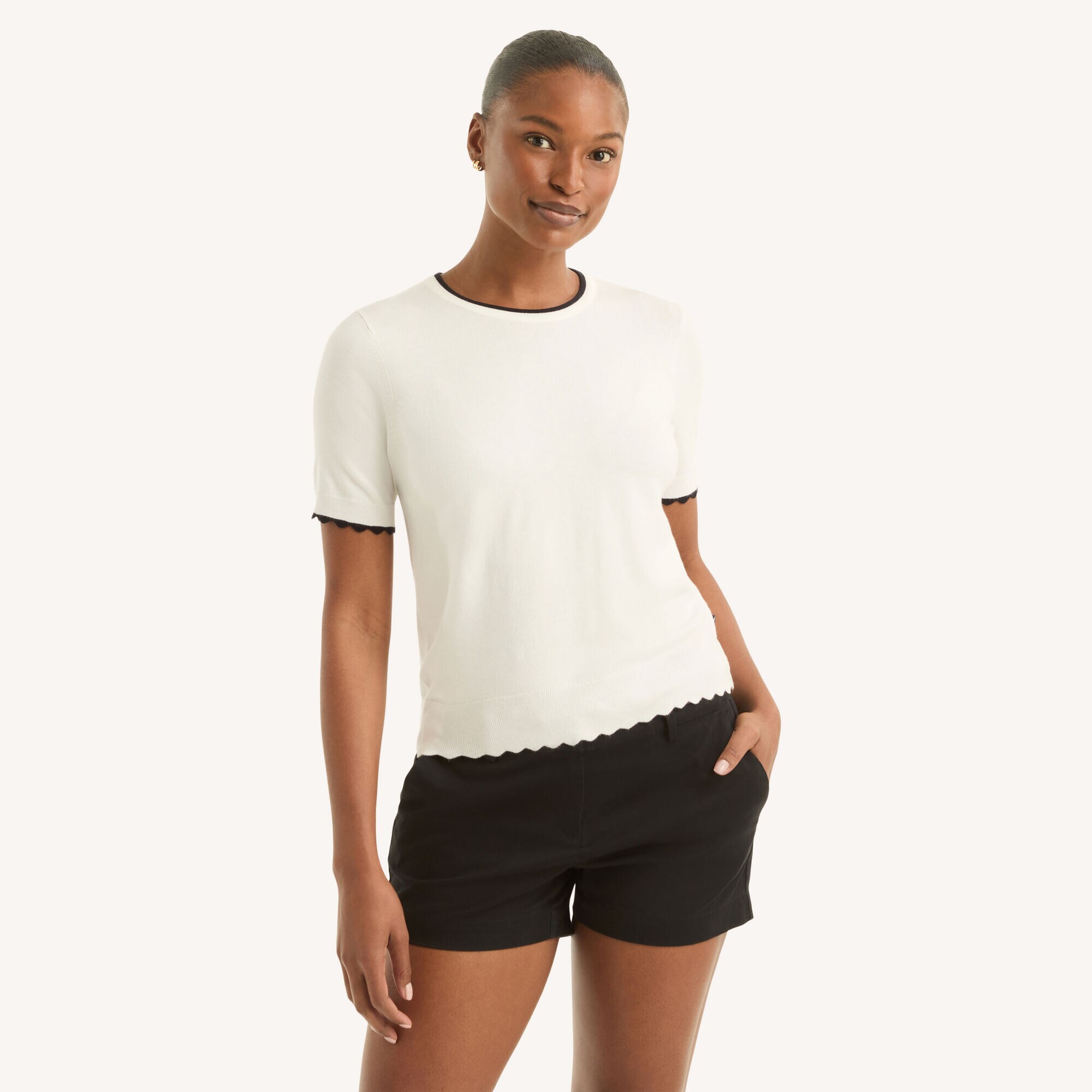 Scalloped Short-Sleeve Sweater,Egret,large