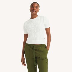 Cable-Knit Short-Sleeve Sweater,Bright White,large