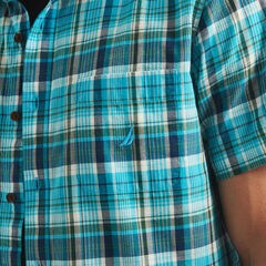 Madras Plaid Short-Sleeve Shirt,Azure Blue,large