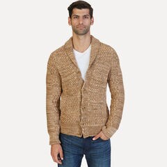 Mixed Stitch Shawl Collar Sweater,Oyster Brown,large