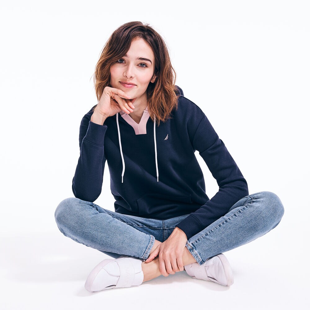 SPLIT NECK PULLOVER HOODIE,Stellar Blue Heather,large