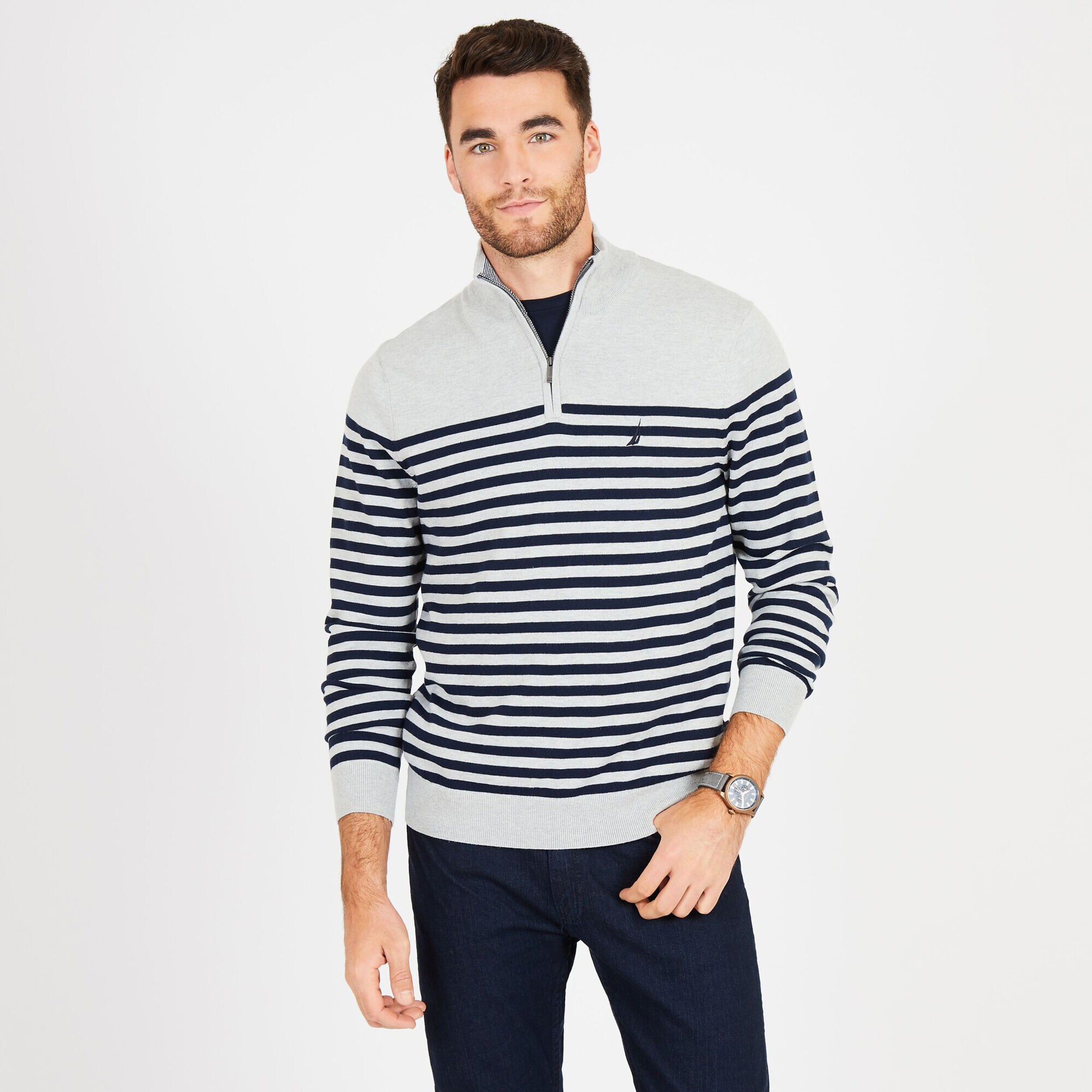 Big Tall Mock-Neck Breton Stripe Sweater Nautica