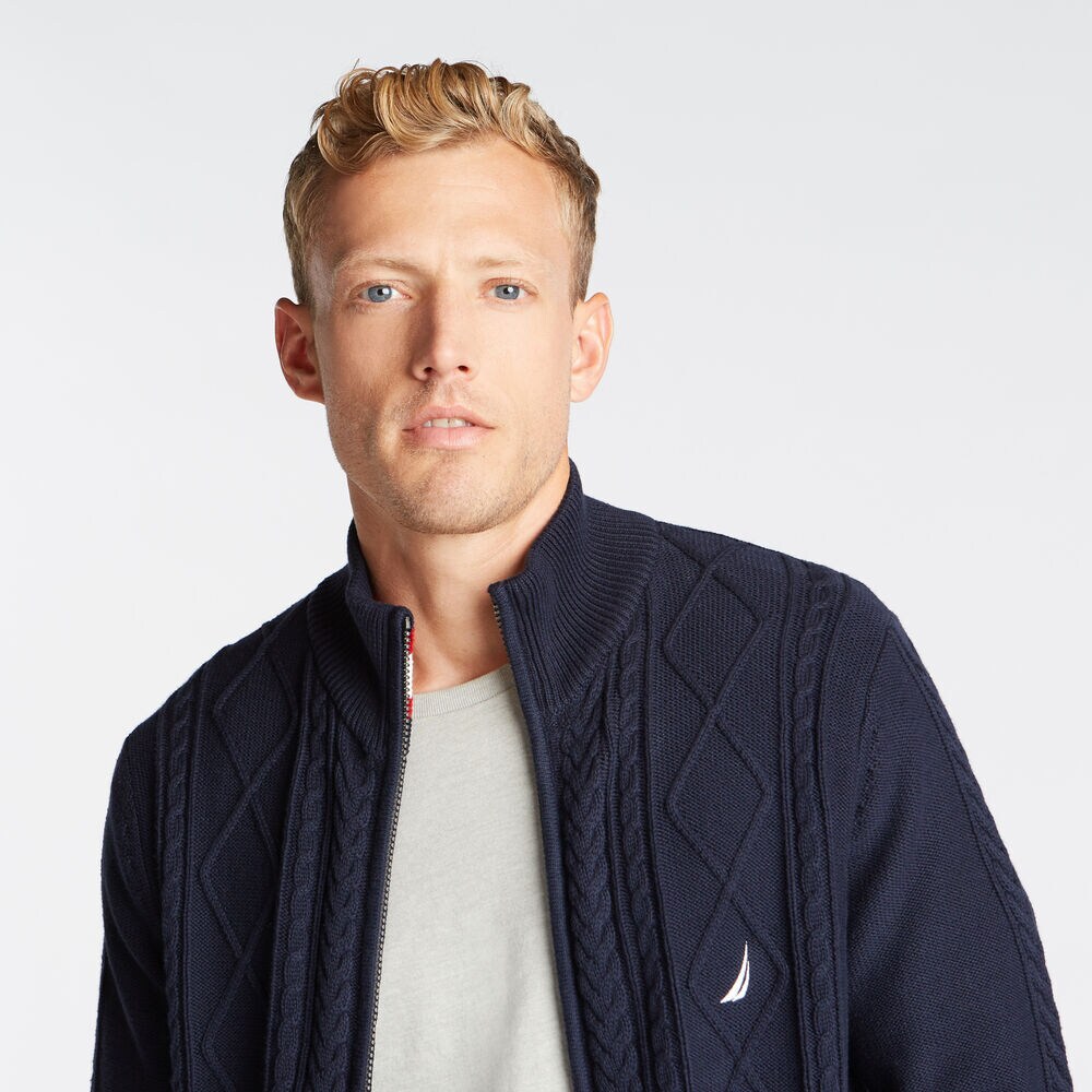 FULL ZIP CABLE KNIT SWEATER,Navy,large