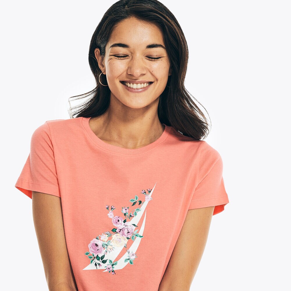 EMBROIDERED FLORAL BRAND ICON GRAPHIC T-SHIRT,Sugar Coral,large