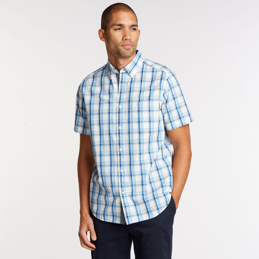 Short Sleeve Classic Fit Shirt in Plaid,Bright White,large